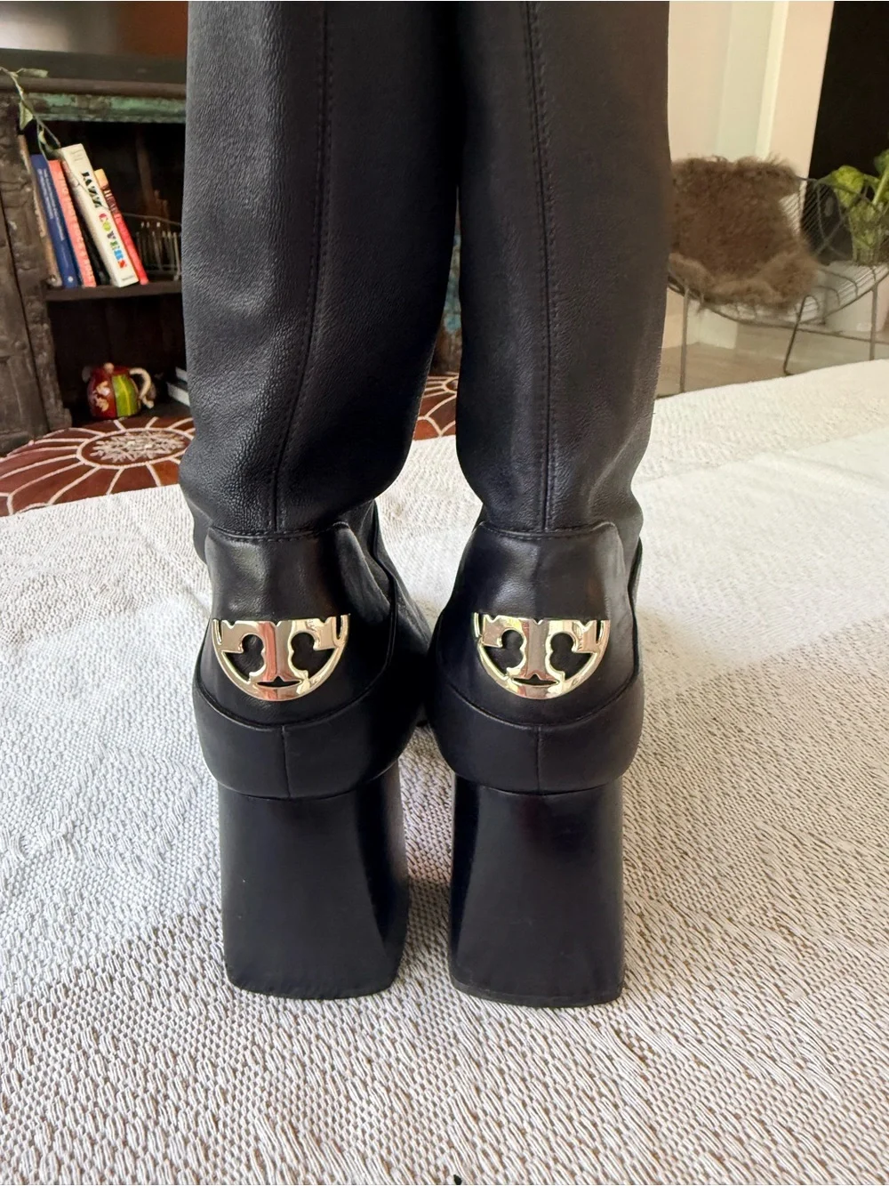 Tory Burch Cap Toe Black Leather Stretch Knee-High Boots Gold Logo Size 7.5M